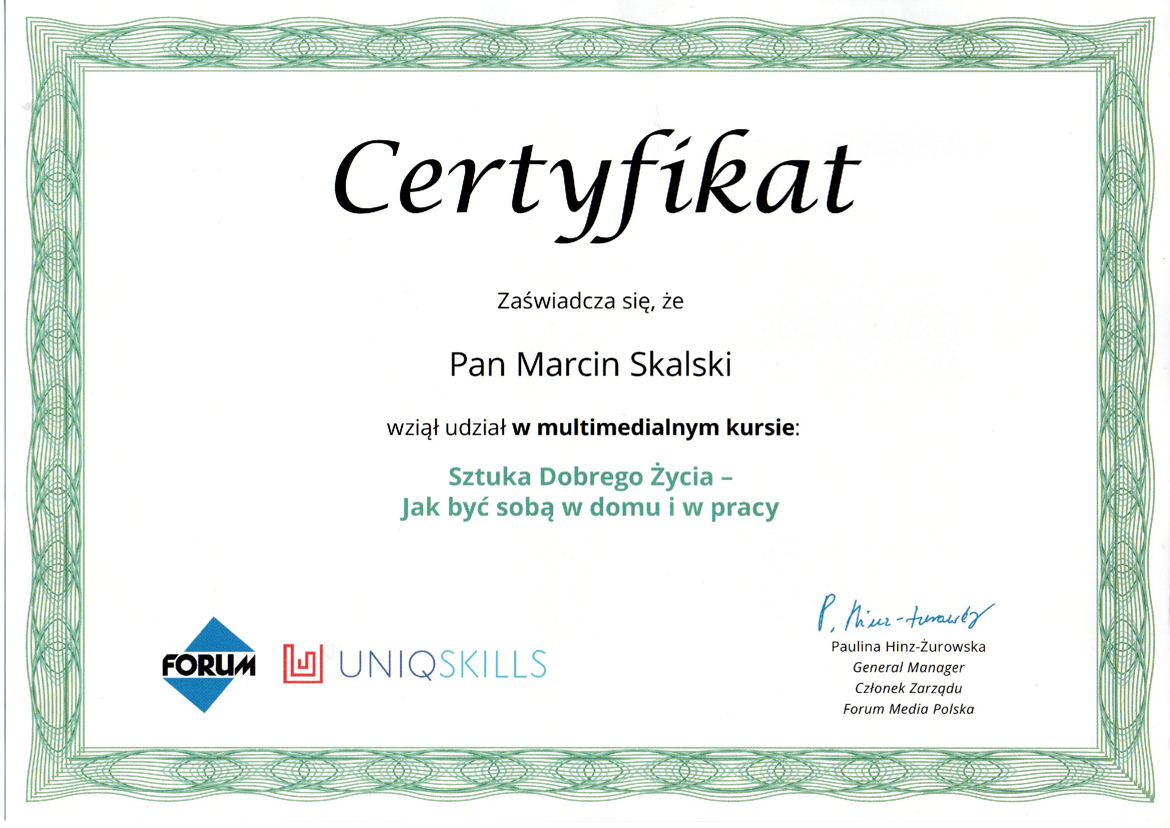 Certyfikat sztuka dobtego życia