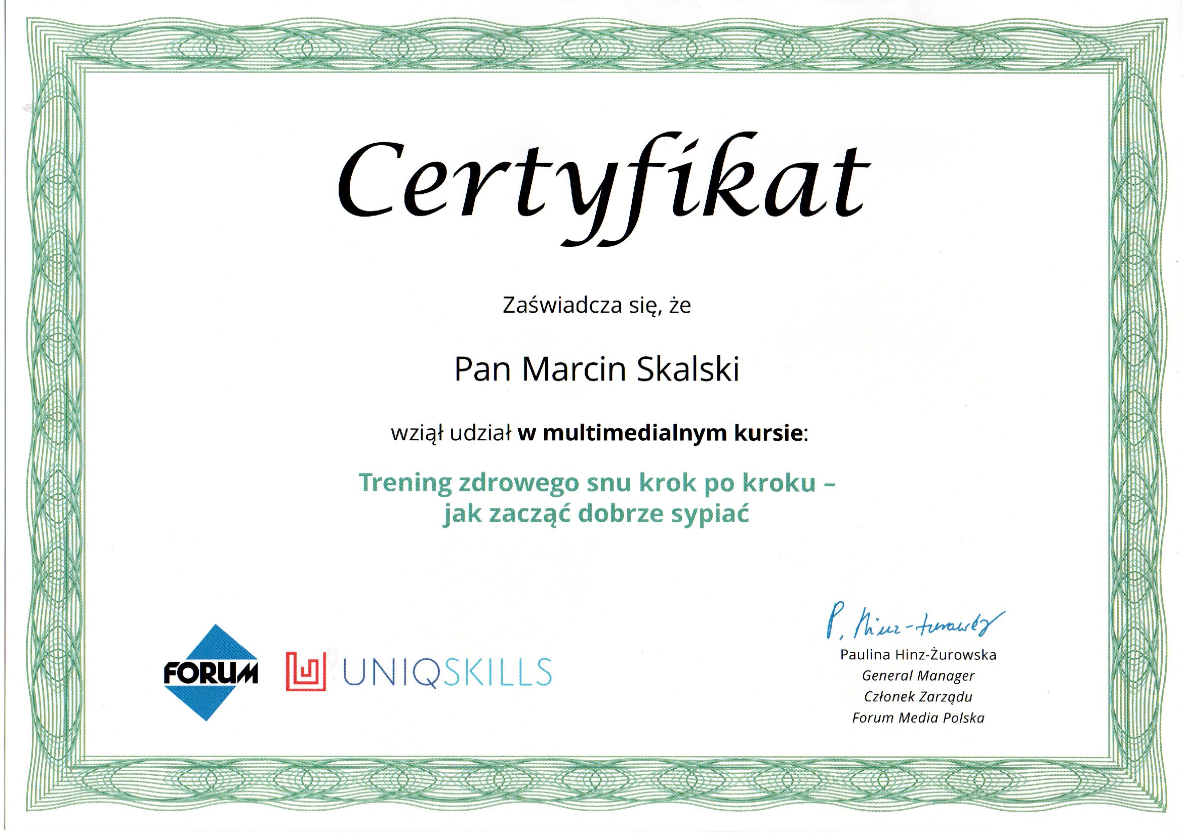 certyfikat trening snu